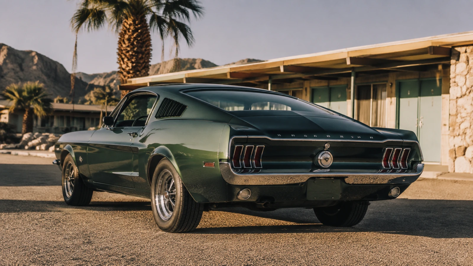 АВТО 1000745 зелёный Ford Mustang Fastback у мотеля в стиле 60-х