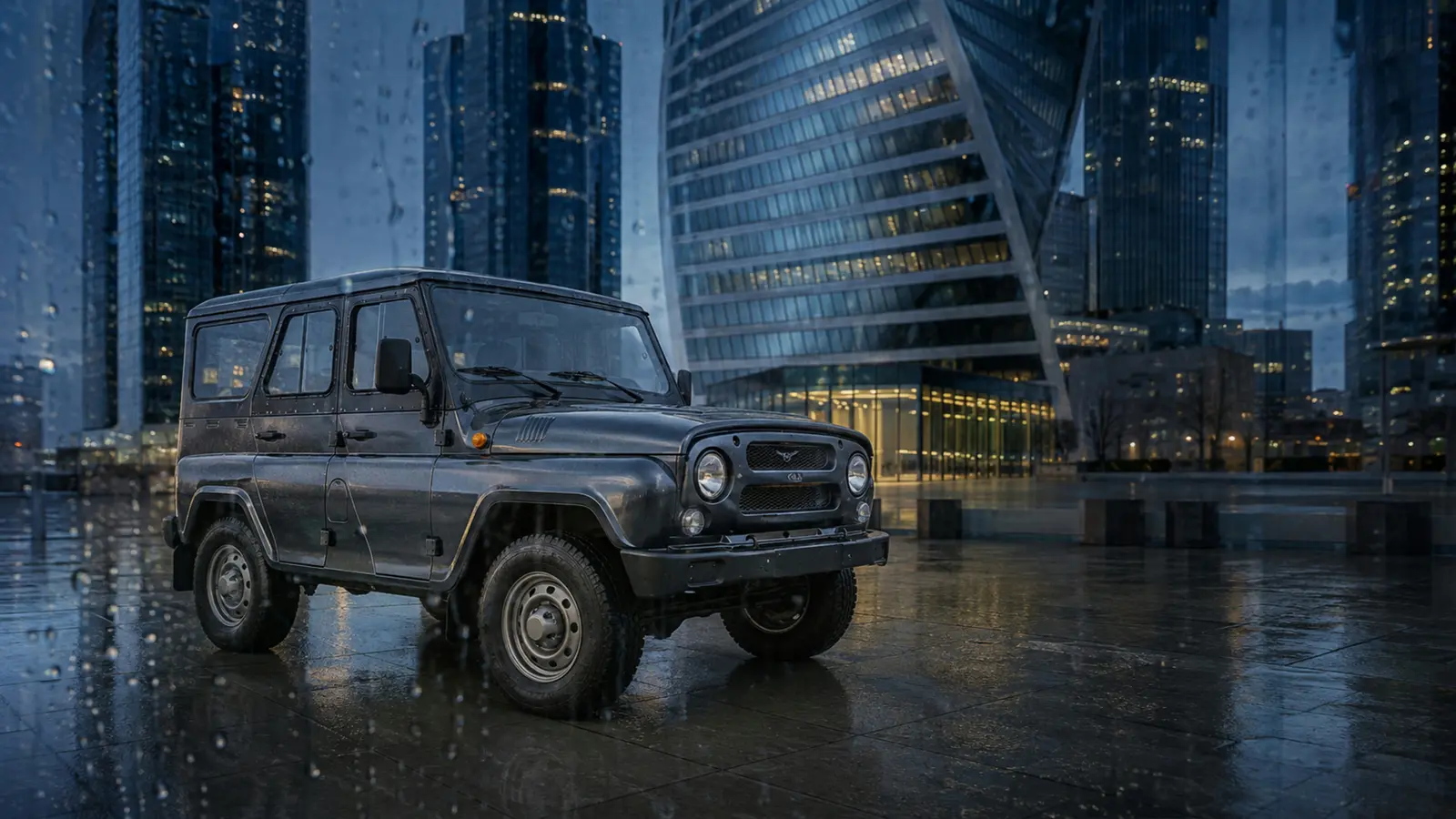 АВТО 1003353 графитовый UAZ Hunter целиком передний три четверти в дождливом городе