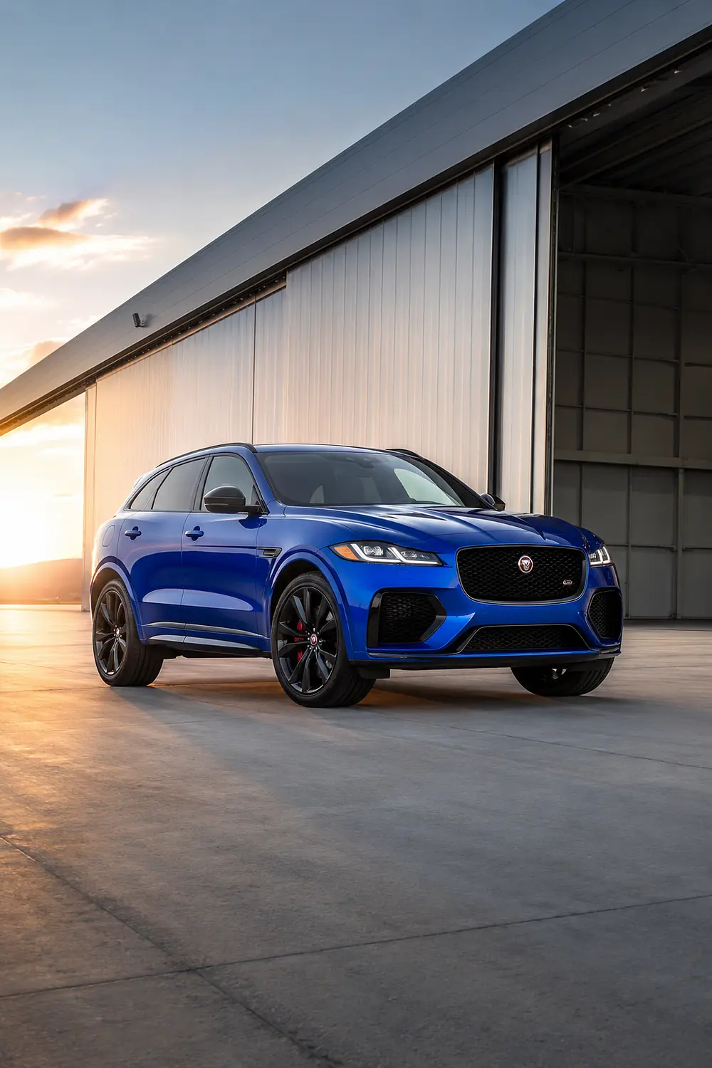 АВТО 1003698 синий Jaguar F-Pace SVR у современного ангара