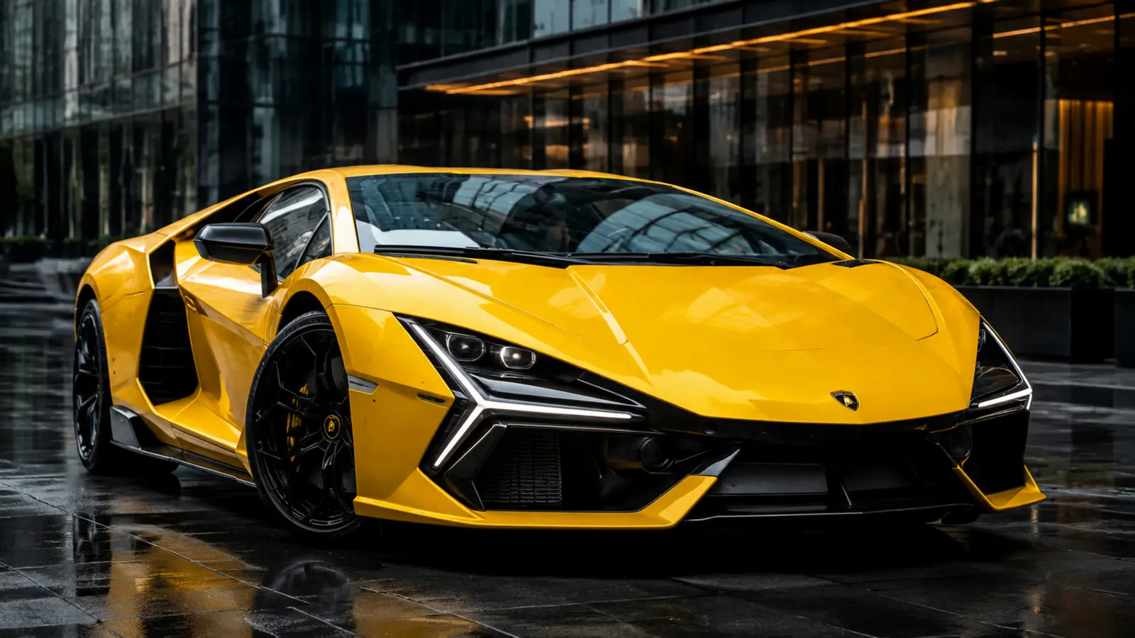 АВТО 1002977 жёлтый Lamborghini Revuelto очень крупно передний боковой ракурс в деловом квартале после дождя