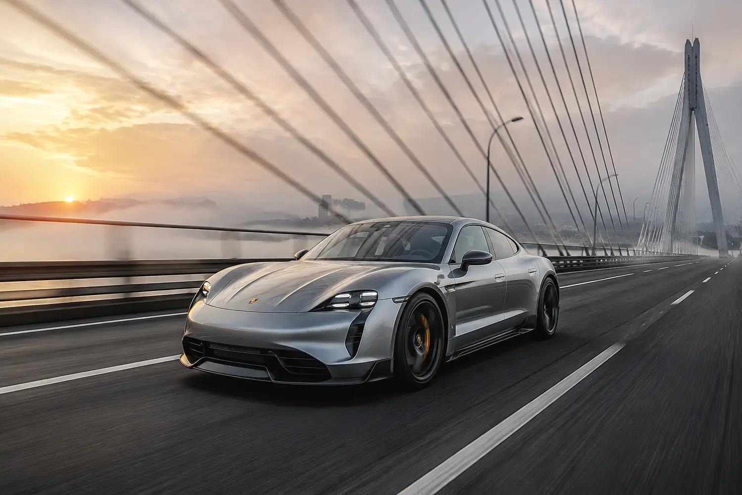АВТО 1003578 серебристый Porsche Taycan Turbo GT на рассветном мосту