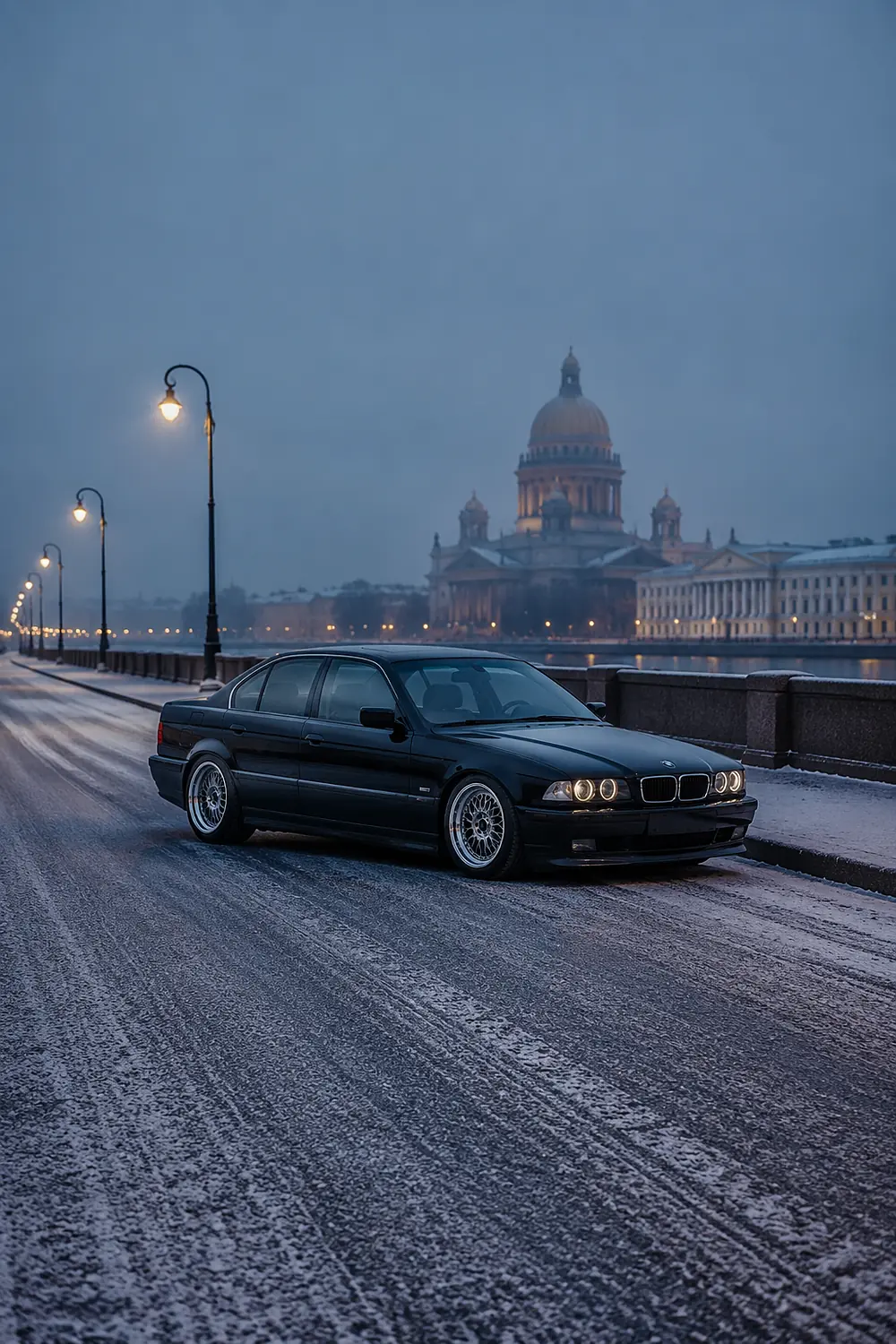АВТО 1003449 прокачанный чёрный BMW E38 на зимней набережной
