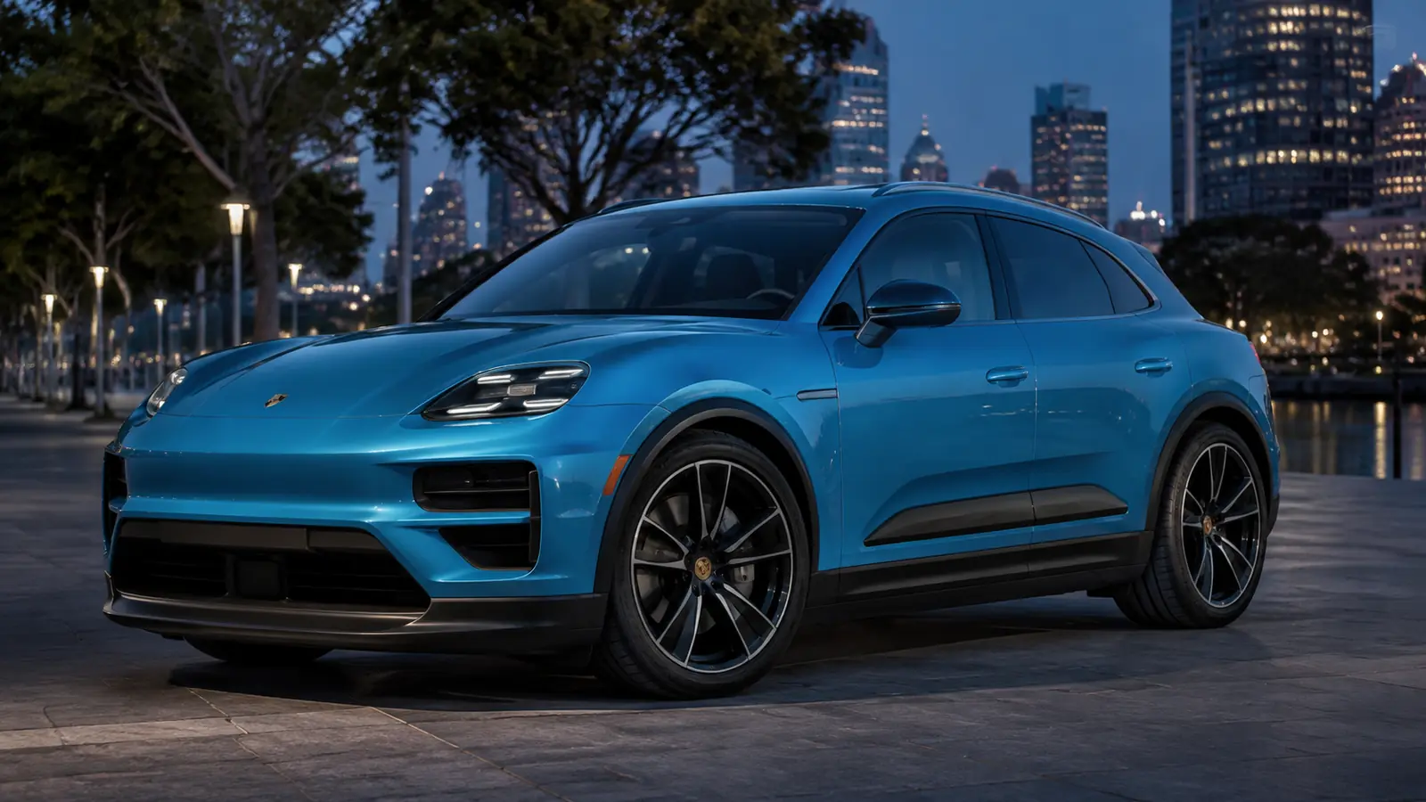 АВТО 1002211 голубой Porsche Macan Electric крупно в центре мегаполиса
