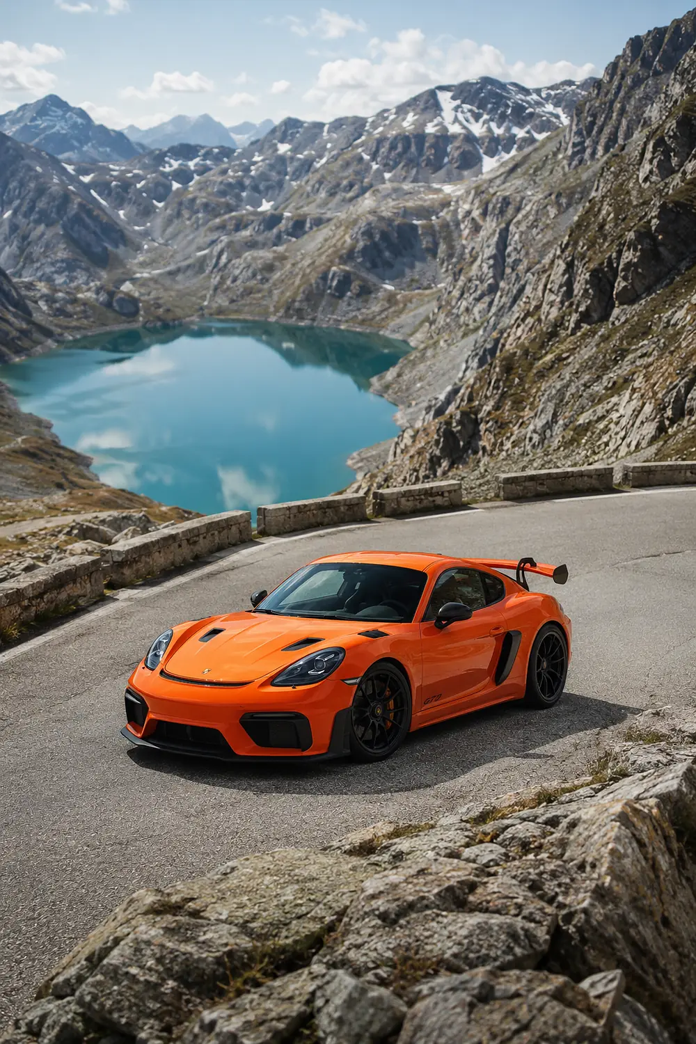 АВТО 1003596 оранжевый Porsche 718 Cayman GT4 RS над бирюзовым озером