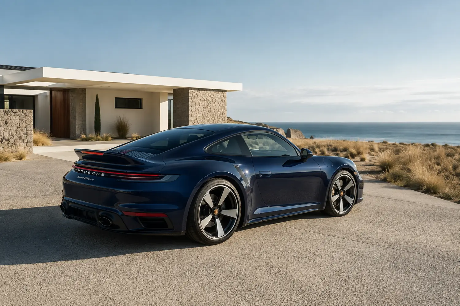 АВТО 1003813 синий Porsche 911 Sport Classic у приморской виллы