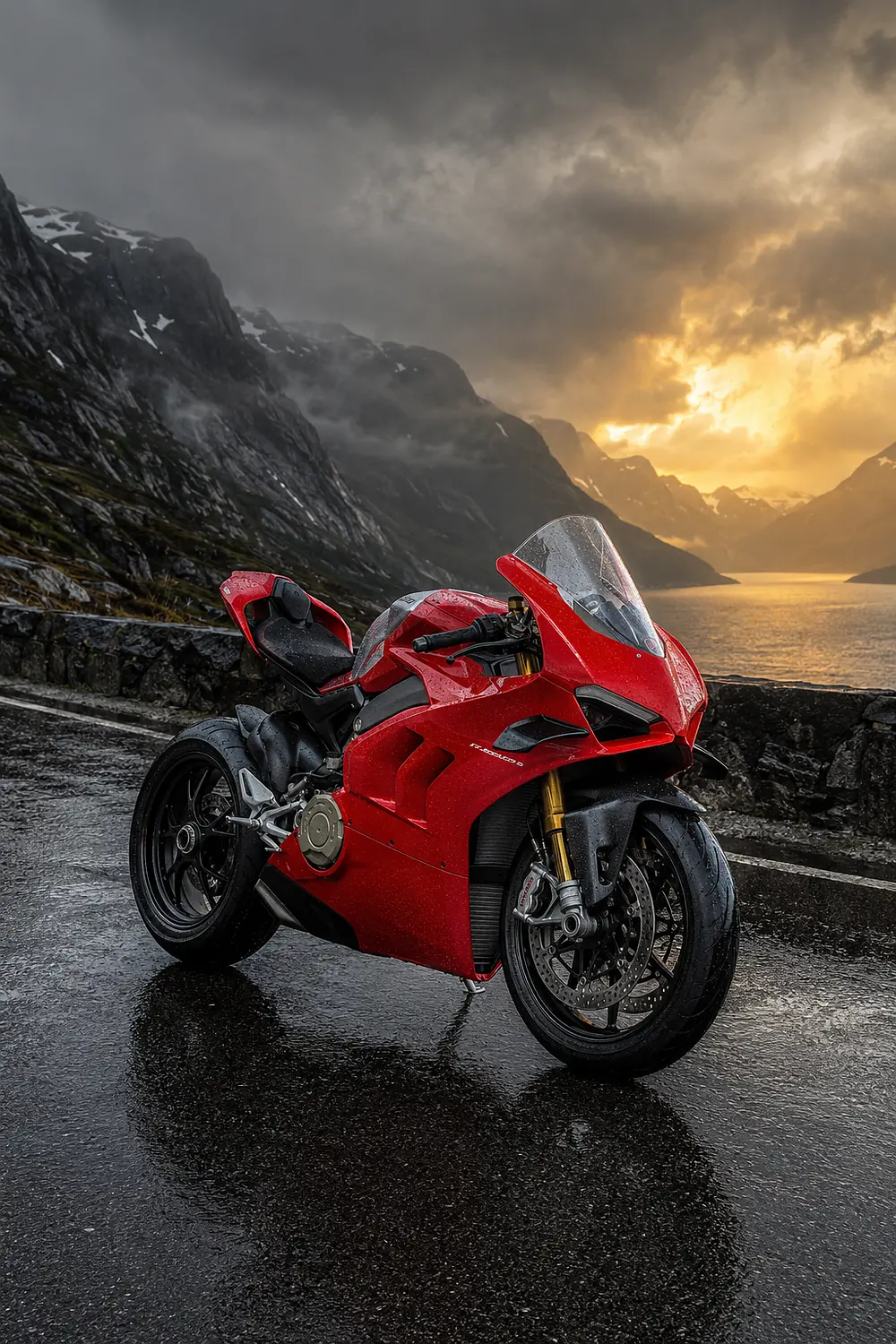 АВТО 1003541 красный Ducati Panigale V4 R у горного озера