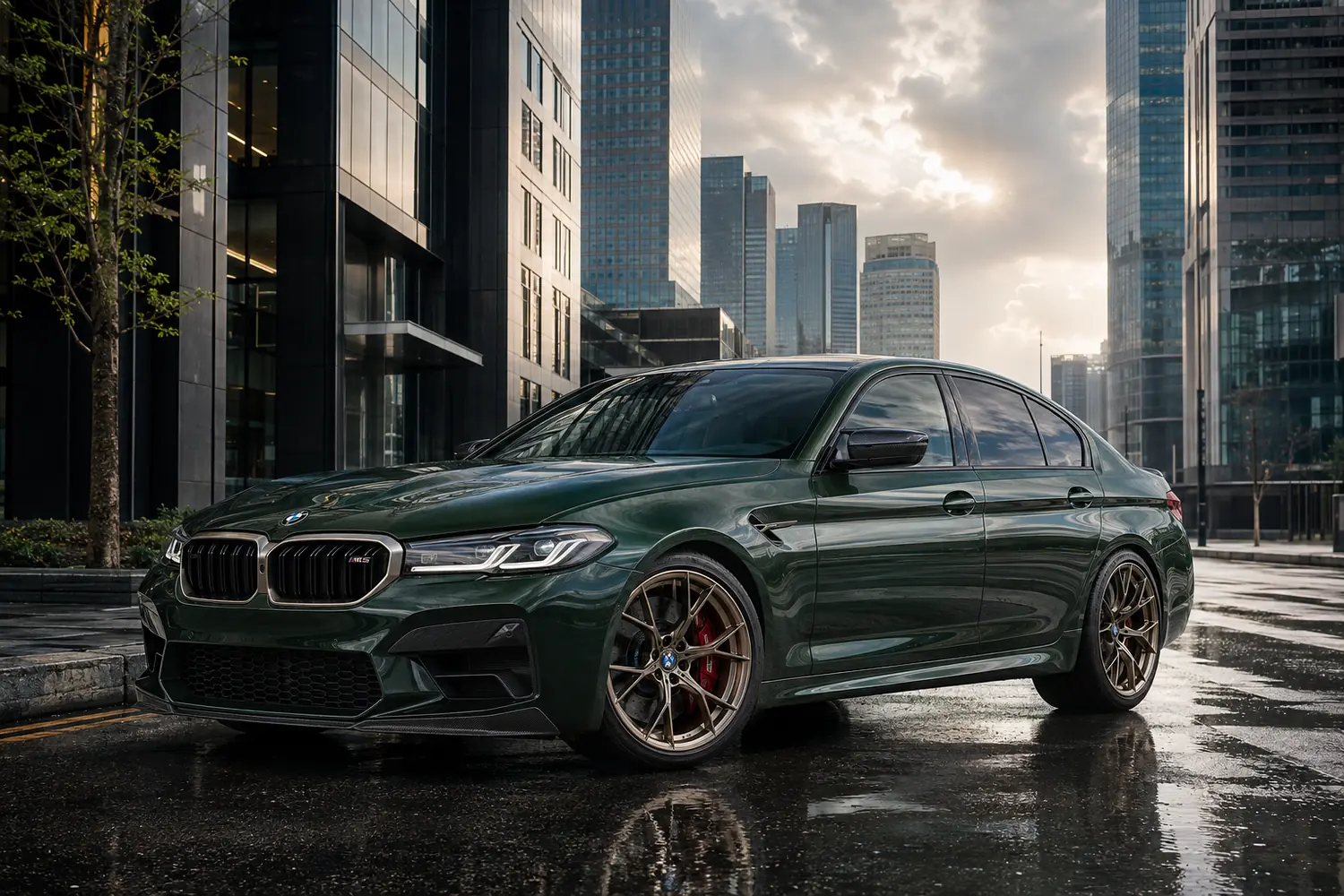 АВТО 1003712 зелёный BMW M5 CS в деловом квартале после дождя