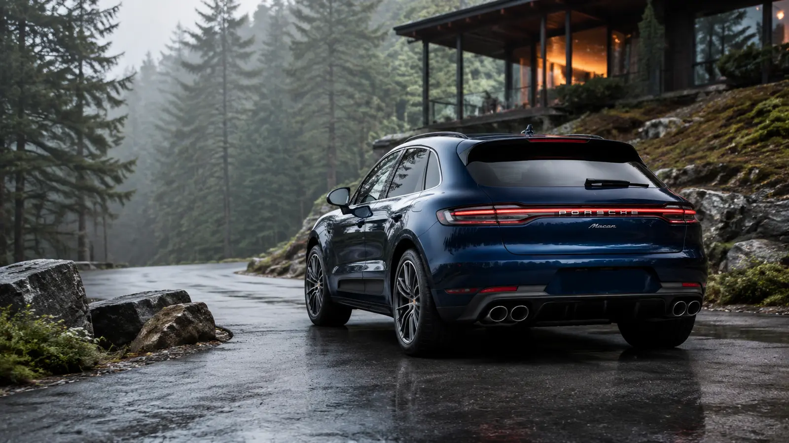 АВТО 1001799 синий Porsche Macan у лесного дома