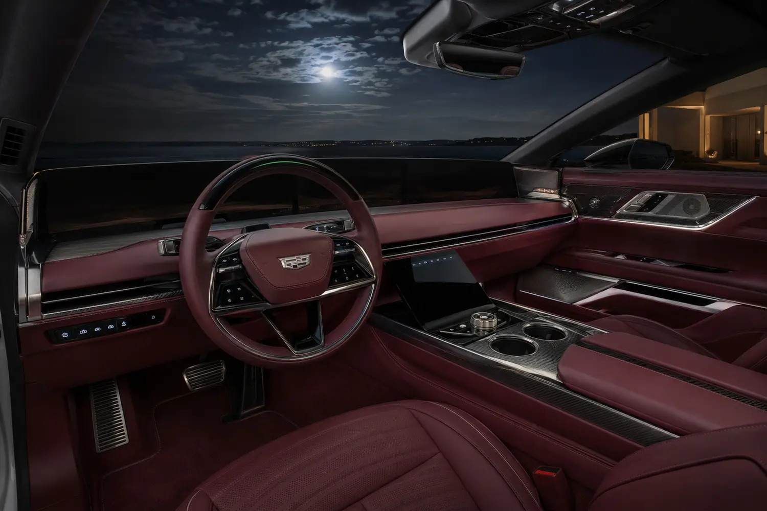 АВТО 1003835 бордовый Cadillac Celestiq в пустом современном кокпите