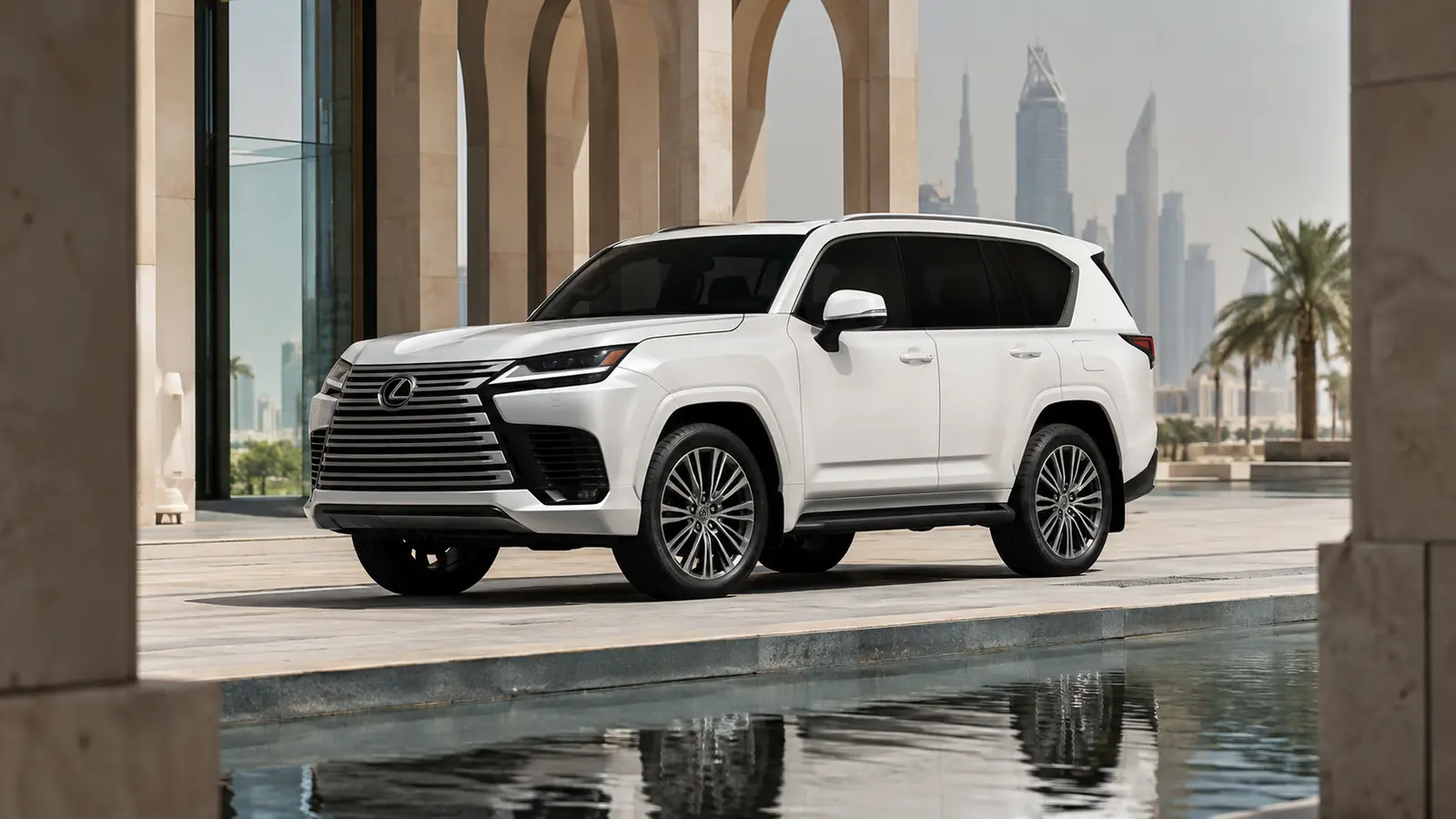 АВТО 1002016 жемчужный Lexus LX 600 в современном пустынном городе