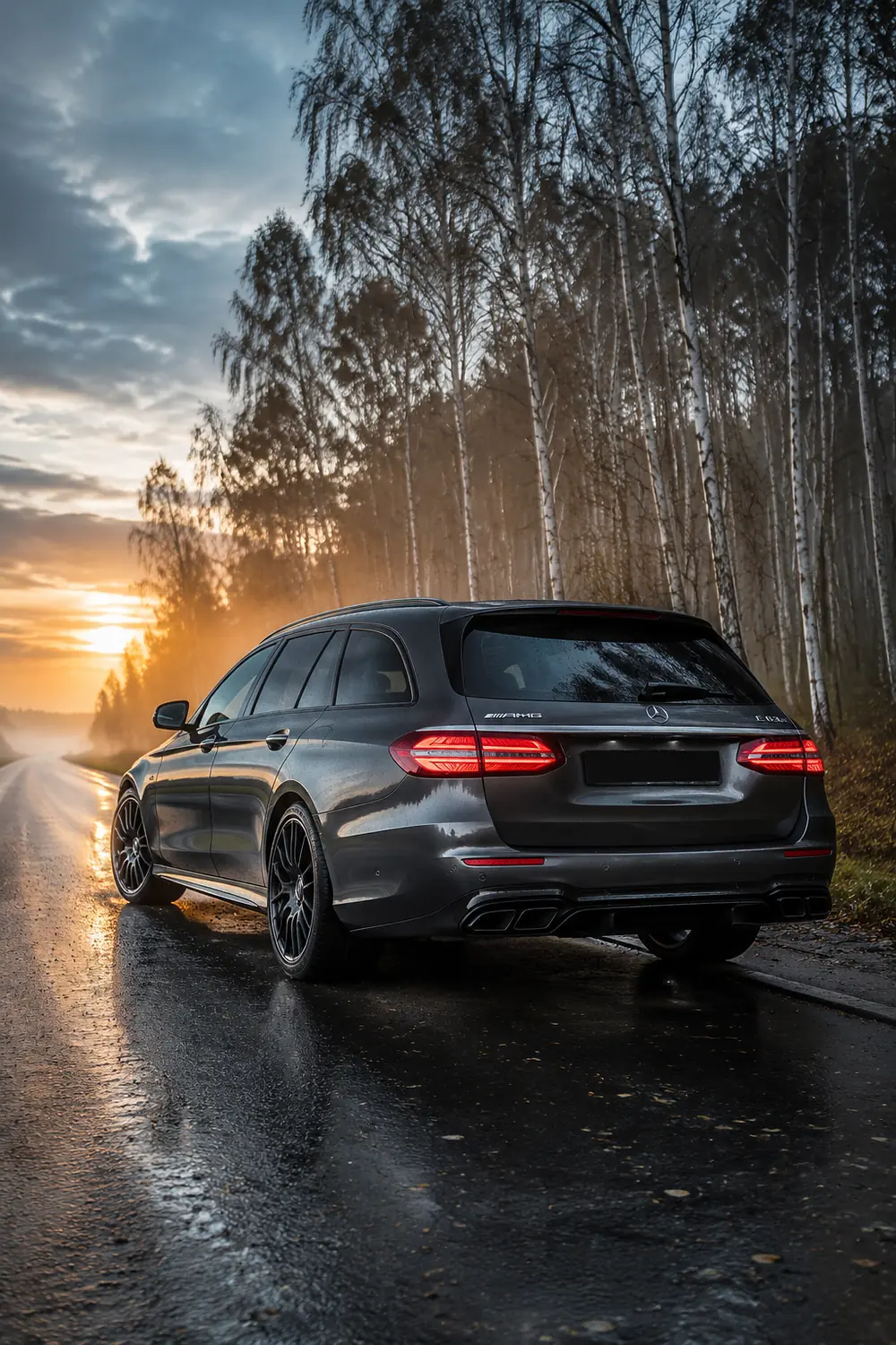 АВТО 1003791 прокаченный серый Mercedes E63 у берёзового леса на рассвете