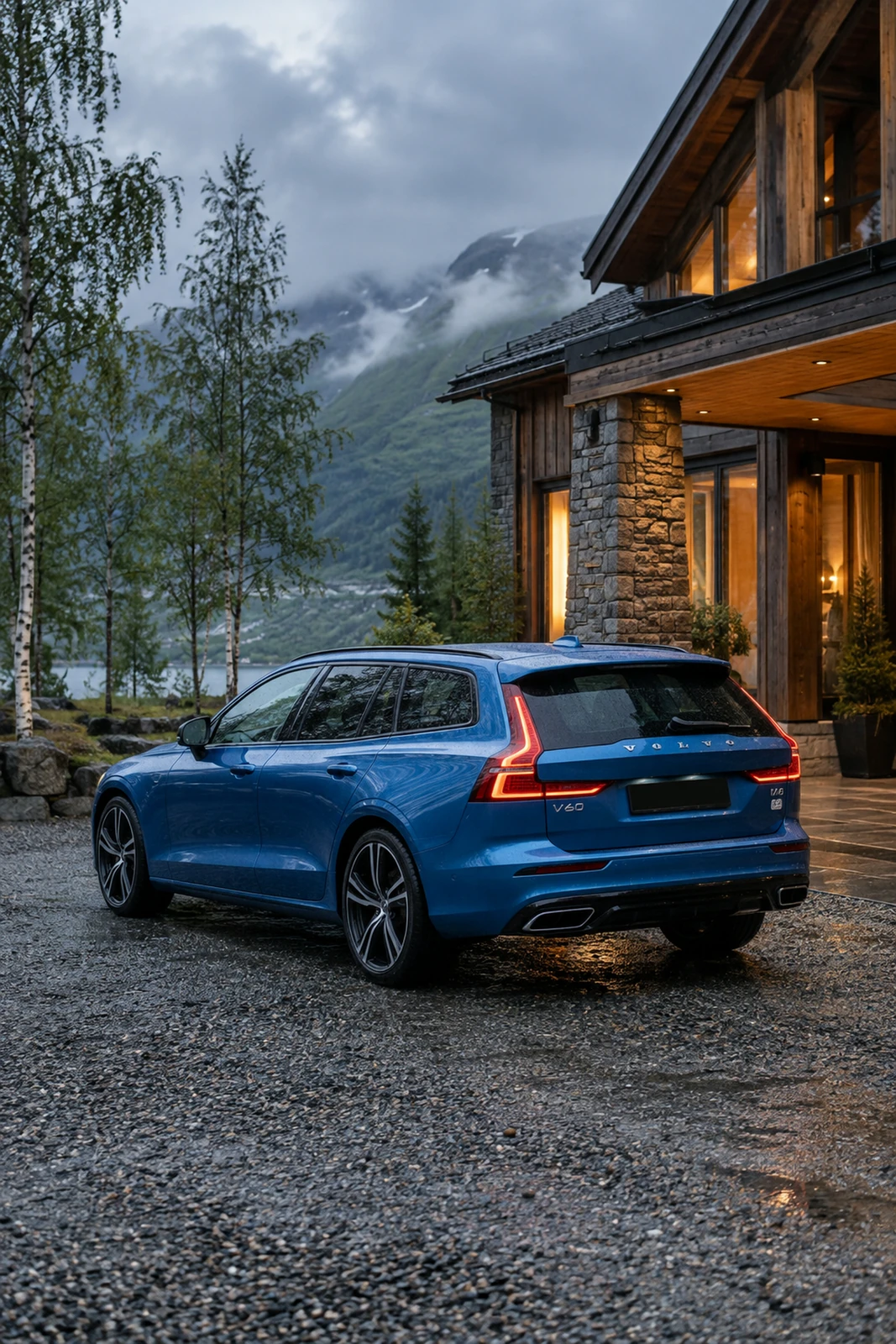 АВТО 1007637 синий Volvo V60 Polestar у горного отеля