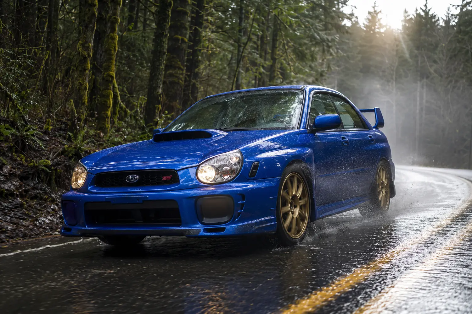 АВТО 1003768 прокаченный Subaru WRX STI на лесной дороге после дождя
