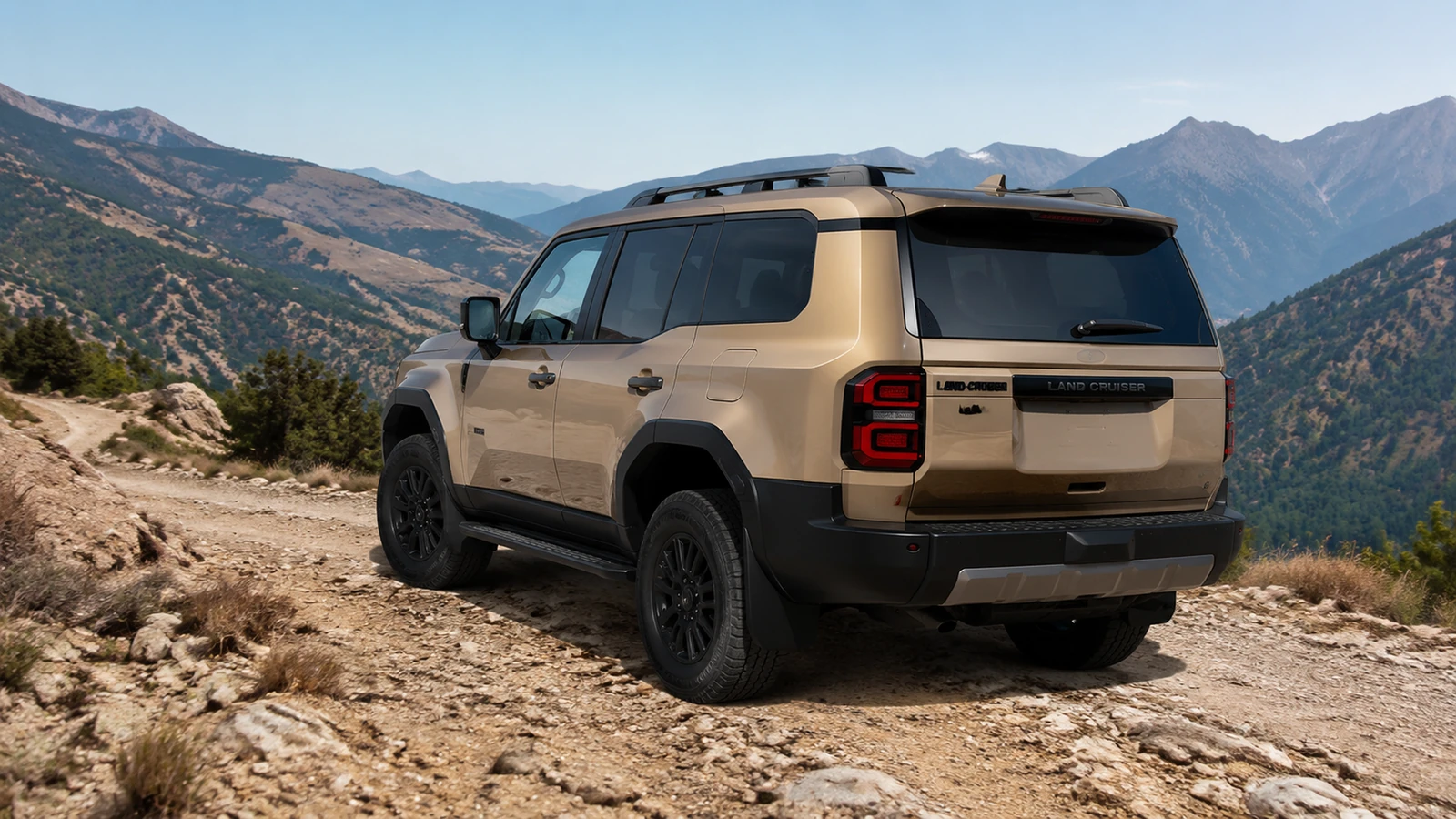 АВТО 1001261 песочный Land Cruiser Prado на каменистой дороге