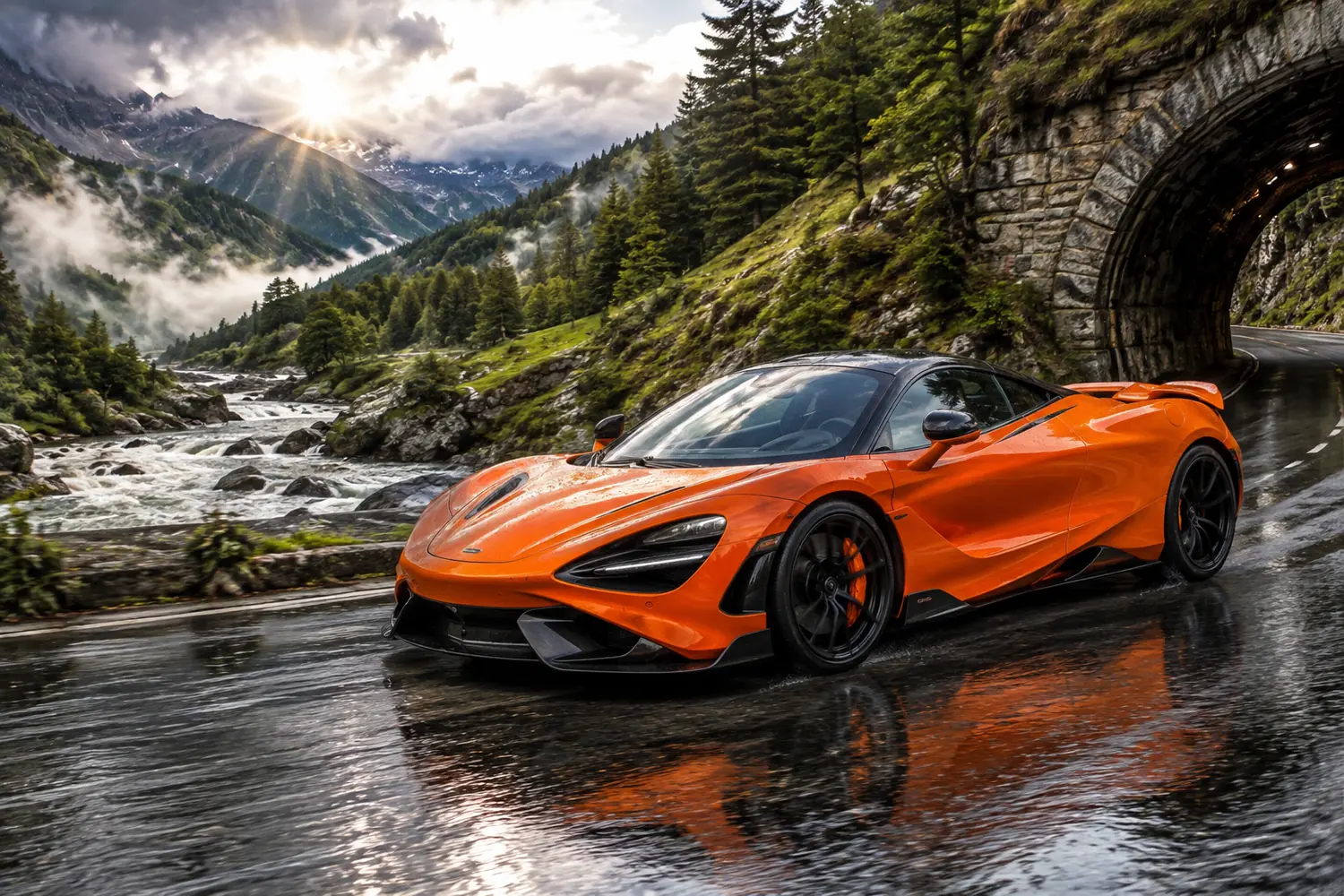 АВТО 1003832 оранжевый McLaren 765LT у альпийского тоннеля