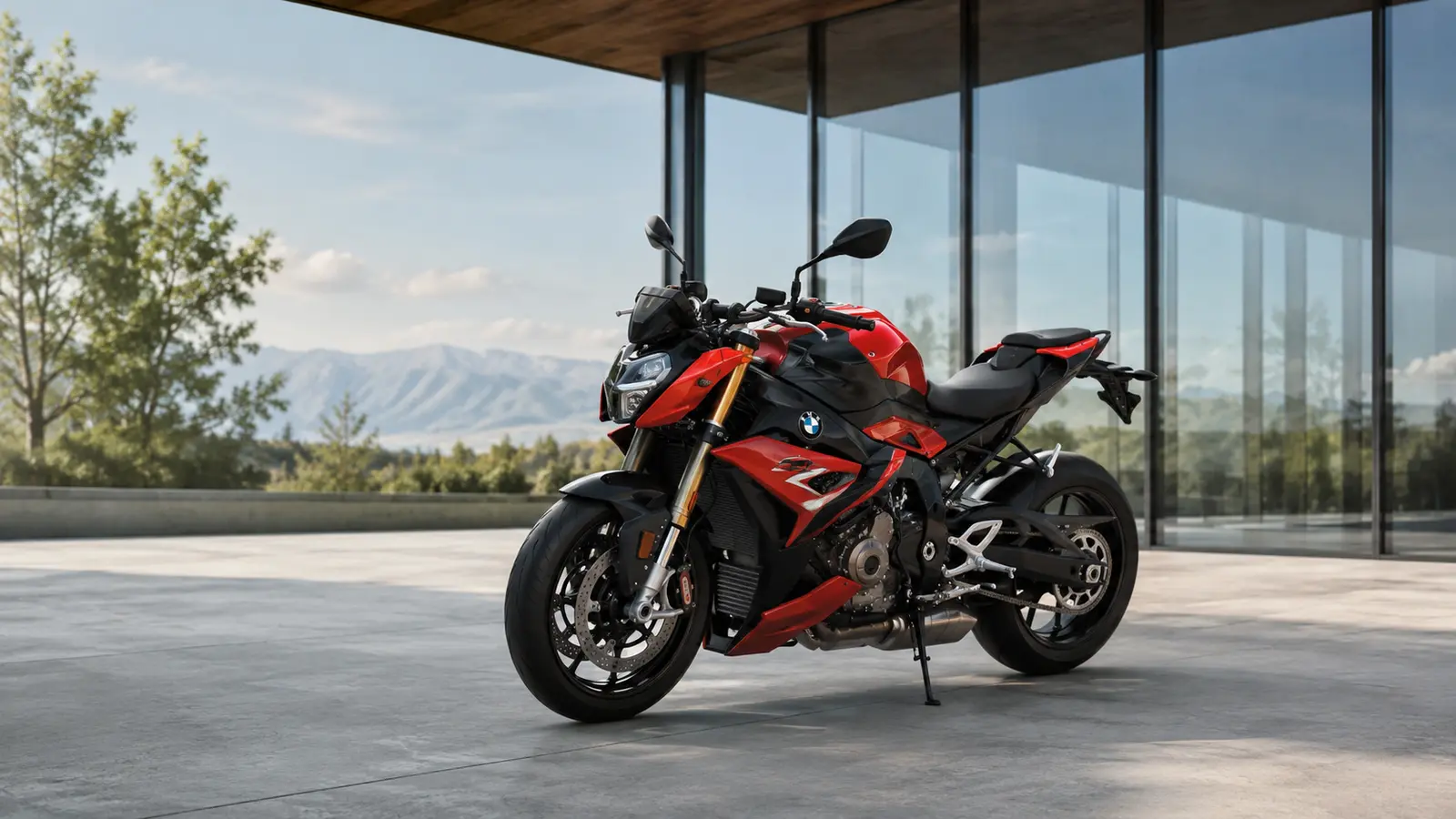 АВТО 1000880 красный BMW S 1000 R у современного павильона