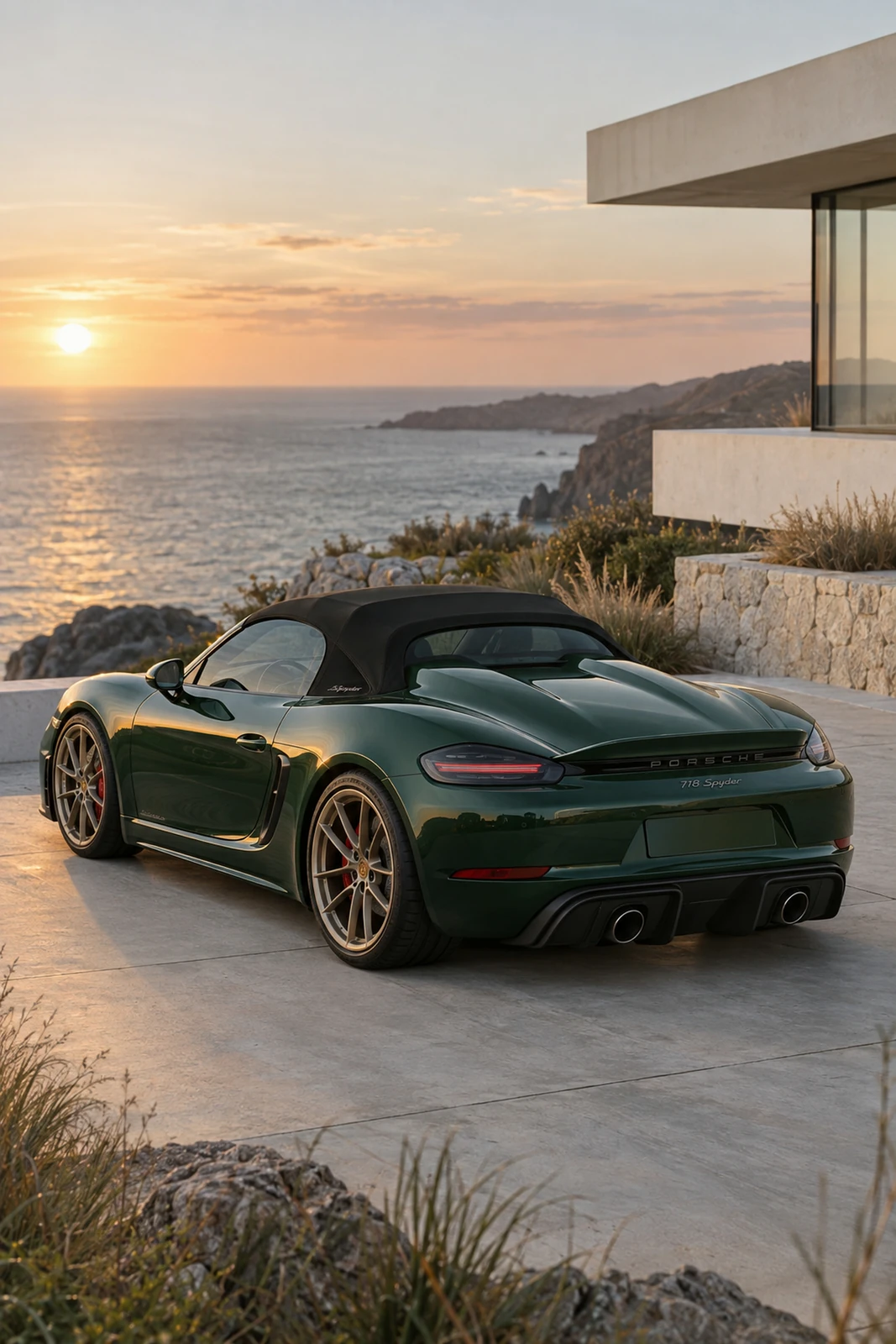 АВТО 1007583 зелёный Porsche 718 Spyder у дома над океаном