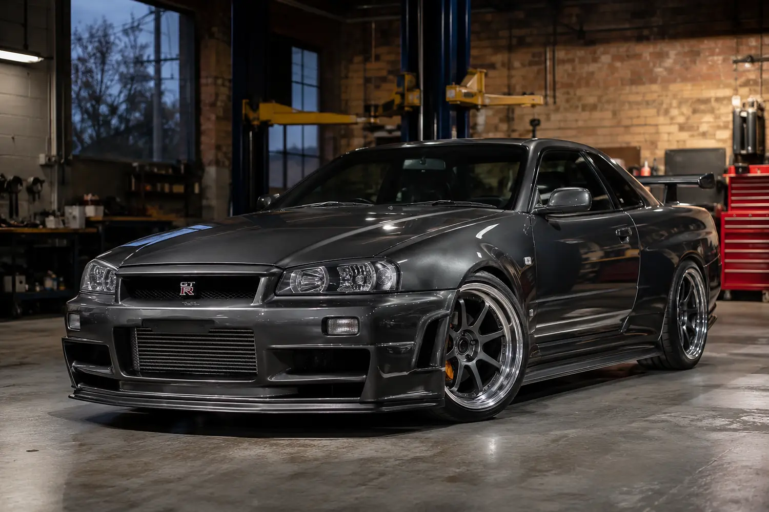 АВТО 1003767 прокаченный Nissan Skyline R34 в вечерней мастерской
